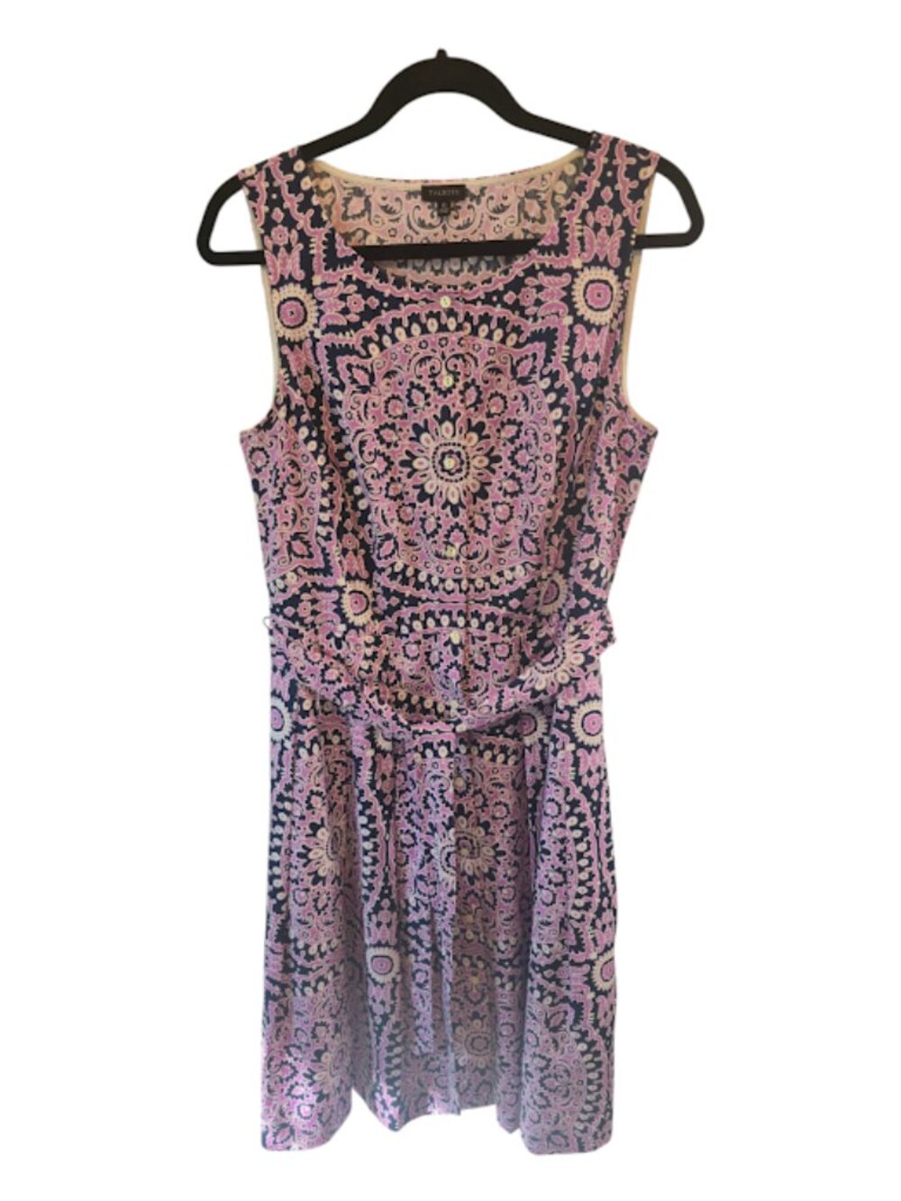 TALBOTS POPLIN FIT & FLARE MEDALLION PRINT DRESS LILAC BLUE SIZE 10 NWOT BELT